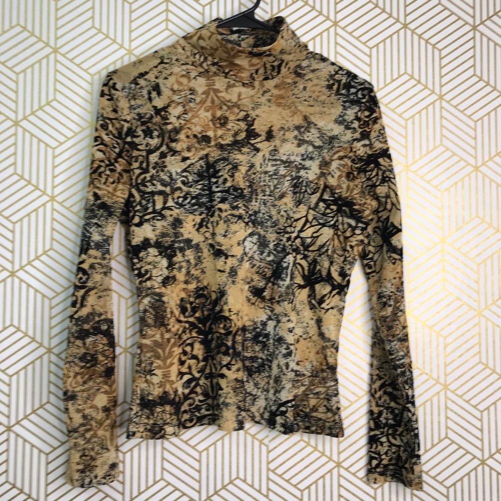 St John Womens Long Sleeve Pullover Top Sz S Brown/Black Print Stretch Knit
